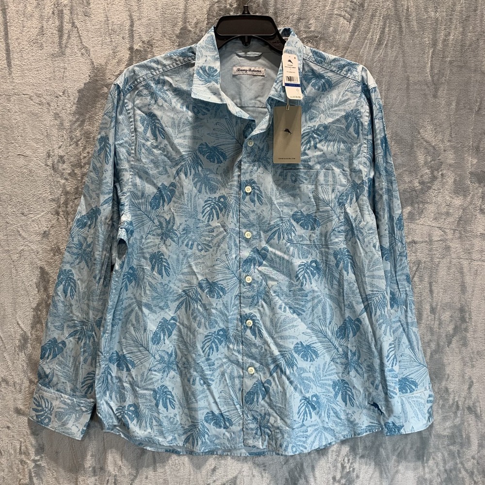 Tommy Bahama Mens Button Up Shirt Long Sleeve Digital Palms Chambray Mosaic Blue